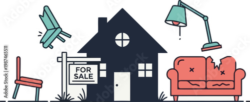 Home for sale with broken furniture and house silhouette for property clearance or eviction concept