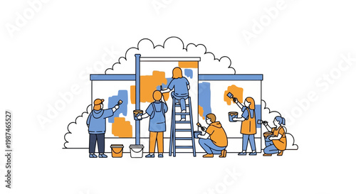 Group of volunteers painting a mural on a wall illustration