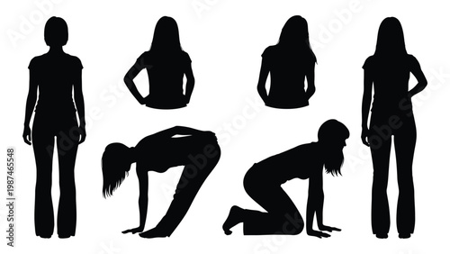 Silhouettes of women in various poses against a stark white background
