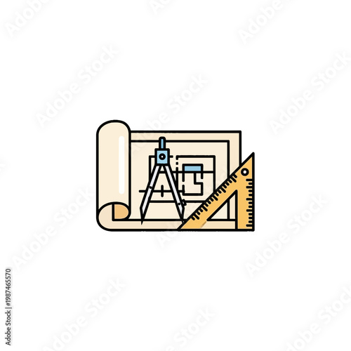 Architectural Blueprint with Compass and Ruler Vector Illustration