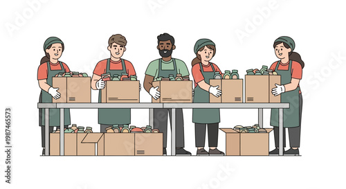 Diverse volunteers packing food donation boxes at a food bank