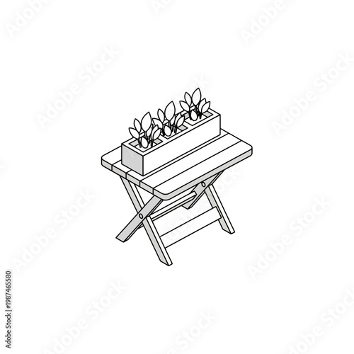 Isometric vector illustration of a folding garden table with plants