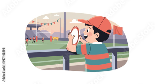 Young Boy Watching Rugby Match in Stadium Illustration