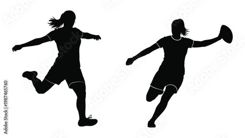 Two female athletes depicted in silhouette actively playing ultimate frisbee high quality