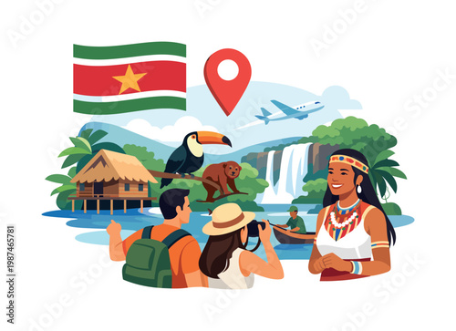 Travel and cultural exploration theme highlighting Suriname as a destination with unique identity and natural diversity, represented by a stylized Suriname flag paired