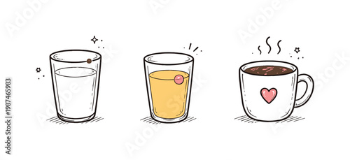 Breakfast drinks theme a horizontal row of 3 related hand-drawn objects on a white background: a simple glass of milk with a tiny red dot near the rim, a small juice