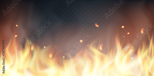 Fire burning flame png background with floating embers, sparks, ash and smoke glow. Transparent background fire overlay for screen mode, opacity blending and dramatic poster design, vector illustratio