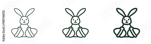 Cute bunny holding Easter eggs in thin, regular, bold outline styles. Outline icon symbolizing Easter egg hunting tradition. Ideal for kids’ designs, stickers, packaging. Isolated vector illustration