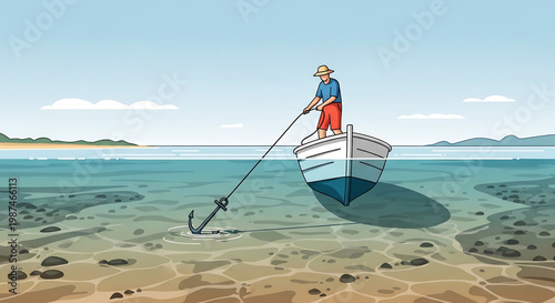 Man aboard a small boat dropping anchor in shallow clear water near a tropical island