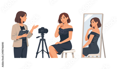 A studio photography moment where a model adjusts posture and facial expression under guidance, illustrating technique, awareness, and controlled presentation in a