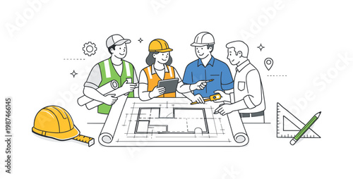 Construction workflow and technical preparation in an industrial setting where professionals coordinate measurements and layouts before building, illustrated by a