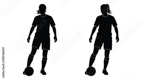 Silhouettes of two female soccer players in athletic poses with balls