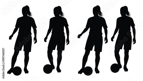 Four identical silhouettes of women playing with soccer balls in a row