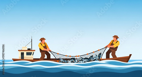 Two fishermen in a boat pulling a large net full of fish from the sea, illustrating the concept of seafood harvesting and ocean resources