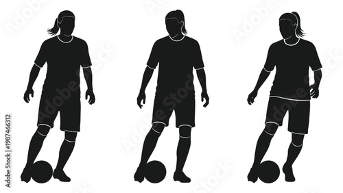 Three black silhouettes of women playing with soccer balls in a row