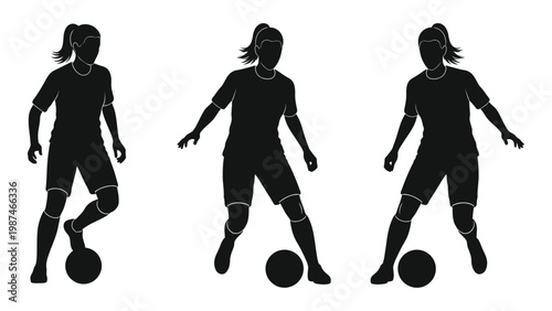 Three female soccer players in silhouette demonstrating dynamic poses with a ball