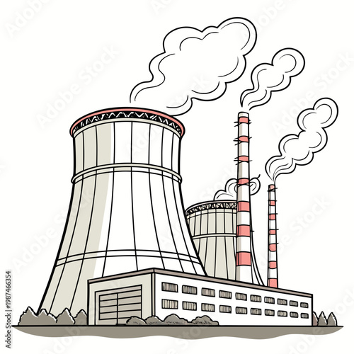 A cartoon illustration of a nuclear power plant with cooling towers and smokestacks emitting steam and smoke
