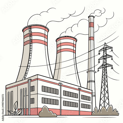 A nuclear power plant with three cooling towers emitting smoke