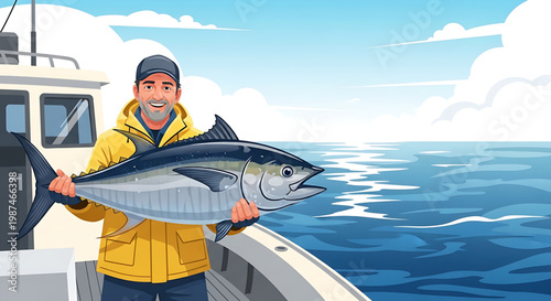 A fisherman proudly displays a large tuna caught on his boat at sea, enjoying a successful fishing trip
