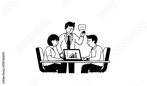 Minimal Business Team Office Collaboration Line Vector Illustration