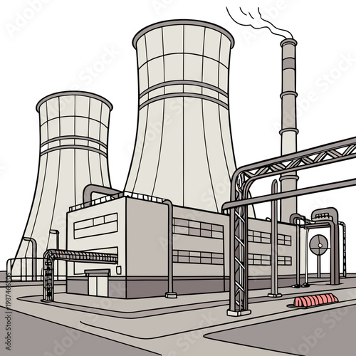 A large industrial power plant with cooling towers and smokestack