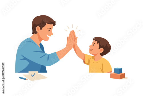 A parent and child sharing a high five after completing a simple task together, representing encouragement and bonding in everyday family interactions, visual metaphor of
