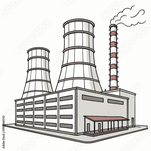An industrial power plant with two cooling towers and a smoking chimney