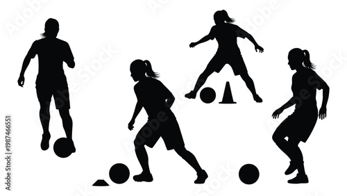 Silhouettes of female athletes practicing soccer drills with balls and cones