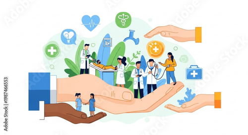 Hands protecting diverse medical team and patients, healthcare insurance concept