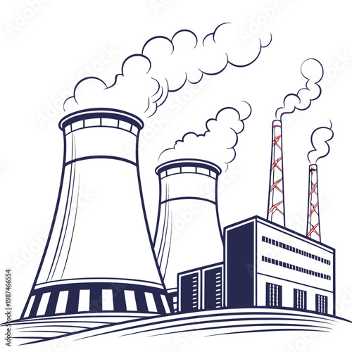 A nuclear power plant with cooling towers and smokestacks emitting steam and smoke