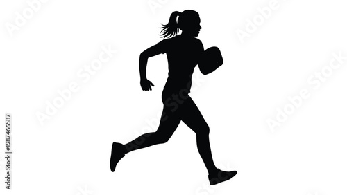 Silhouette of a woman running with an american football against a white background