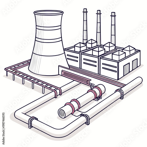 Illustration of a nuclear power plant with cooling tower and pipes
