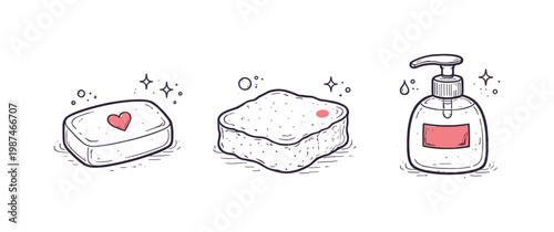Simple bathroom wash theme a horizontal row of 3 related hand-drawn objects on a white background: a small soap bar with a tiny red heart imprint, a simple sponge with