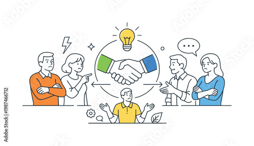 Conflict resolution and mediation in a business or social setting where individuals work toward understanding and agreement, illustrated by a central connecting element