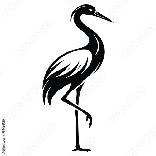 Elegant Crane Mascot Vector Illustration Bold Black and White Long Necked Wading Bird Silhouette