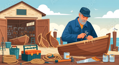 Experienced boat builder meticulously shapes a wooden vessel near his rustic workshop, embodying skilled craftsmanship and the art of traditional boat making by the serene waterside