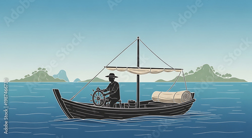A solitary man steers a wooden boat across calm seas under a clear sky