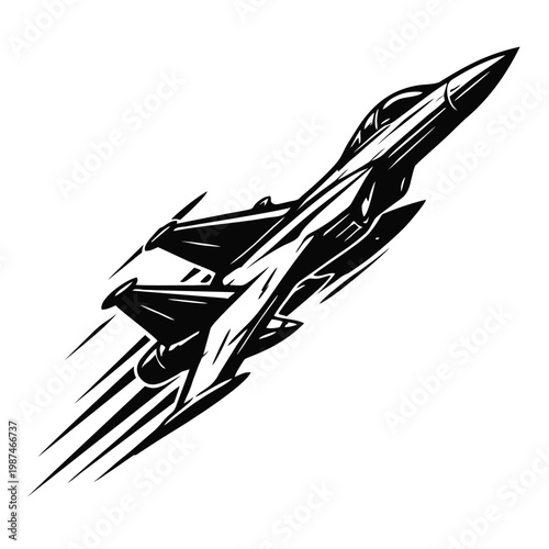 Fast Fighter Jet Vector Illustration Bold Black and White Military Aircraft Silhouette
