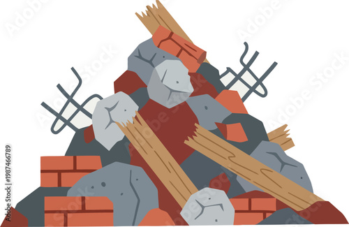 Pile of construction debris including bricks wood planks and concrete rubble for demolition or site clearance concept