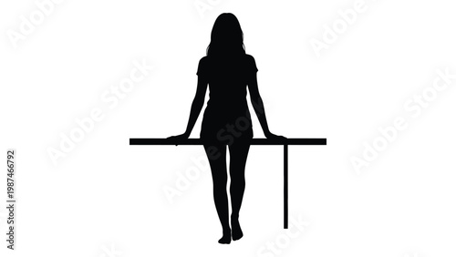 A silhouetted figure of a woman leaning on a simple horizontal bar