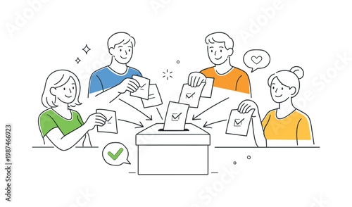 Group of individuals engaging in an organized voting process to express opinions and make collective decisions in a community or workplace context, represented through a