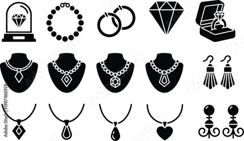 Jewelry black silhouette icon set with various accessories and ornaments