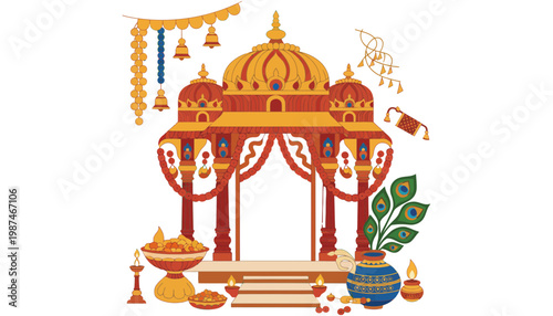 A traditional Indian mandap illustration with vibrant decorations and offerings