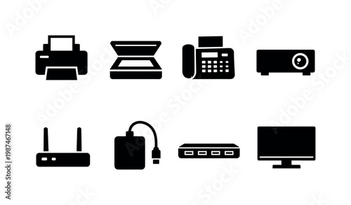 Office technology devices: printer, scanner, fax machine, projector, router, external hard drive, usb hub, monitor.