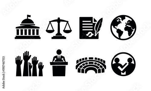 Democracy and governance: government building, scales of justice, law document, globe, raised hands, leadership figure, parliament seats, civic engagement symbol.