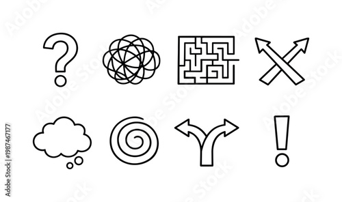 Confusion concept: question mark, tangled lines, maze, crossed arrows, cloud thought, dizzy swirl, split path, exclamation mark.