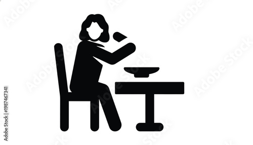 Instructor icon with sitting woman silhouette teaching gesture and hand pointing toward desk computer tablet
