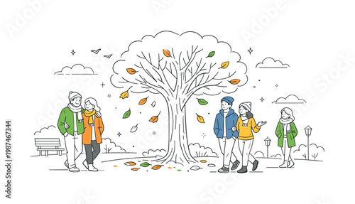 Autumn seasonal transition in a park where people enjoy a calm walk together while adjusting to cooler weather, using falling leaves and a large tree with gently drifting