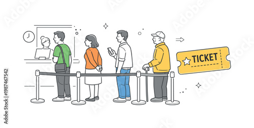 Queue waiting daily life scene showing a group of people standing in an orderly line in a public service environment, with a simple queue barrier and a single ticket as