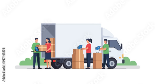 People Unloading Moving Truck with Boxes and Items
